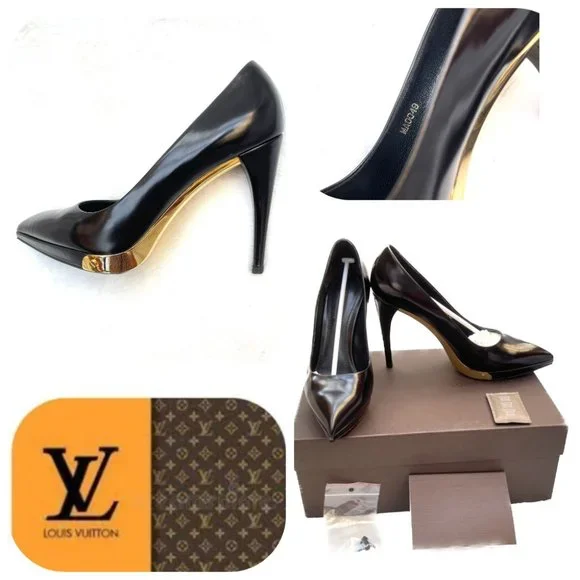 Auc Louis Vuitton Black Leather gold metal trim Pumps 7,5 Rare! $1000 - Picture 1 of 17